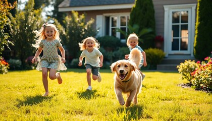 children are chasing the Happy golden retriever running in the garden of the house