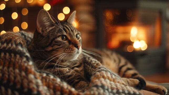 A tabby cat relaxes by a fireplace, wrapped in a cozy blanket, with warm, glowing lights in the background.
