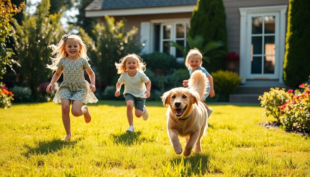children are chasing the Happy golden retriever running in the garden of the house
