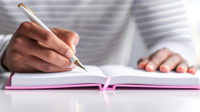 Man writing in a journal with a berry-toned cover, emotional, reflective lifestyle