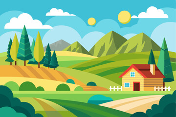 Obraz premium A Simple Countryside Landscape with a Wooden Cabin in the Foreground
