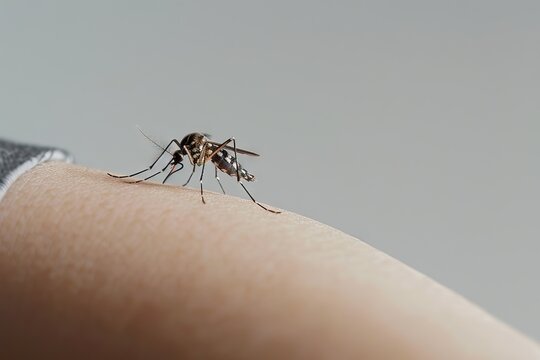 A mosquito bites white boy's arm mosquito's belly is red Generative AI