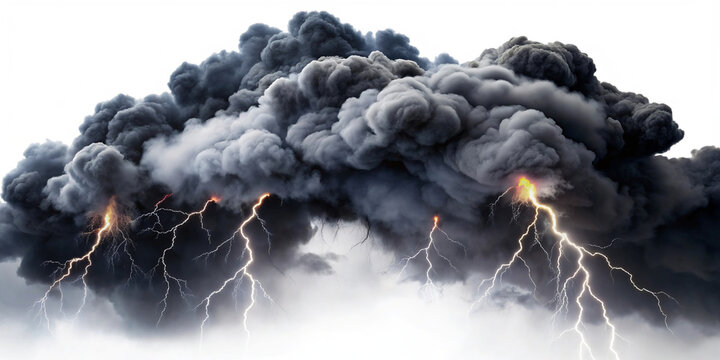 Black storm clouds with lightnings and smoke isolated on white and