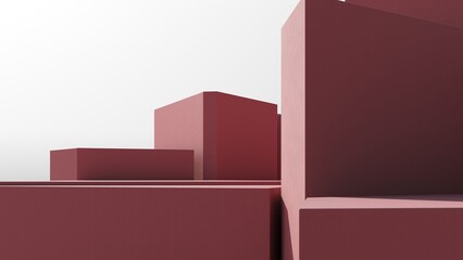 Architectural forms - 3d render. Abstract stepped buildings, background for presentations. Pink podium, platform at different levels for advertising. Conceptual futuristic background.