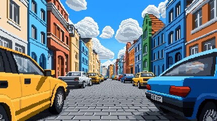 Blocky pixel art urban street background