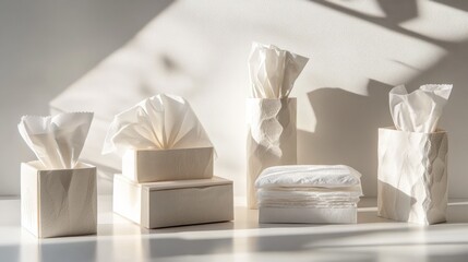 A collection of tissue boxes and tissues arranged aesthetically with soft lighting.