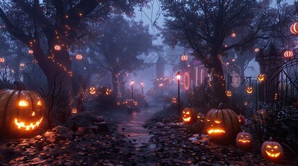 Haunted forest carnival with spectral rides and whimsical jack-o'-lanterns floating among haunted mirrors and twisted trees