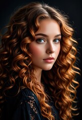 Naklejka premium a close-up portrait of a young beautiful girl with curly red hair.