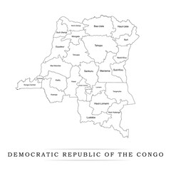 Administrative regions of Democratic Republic of the Congo. Province, state, division name with white map with black outline. Vector illustration