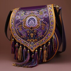 A beautifully crafted purple handbag with intricate embroidery and colorful tassels.