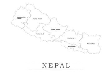 Administrative regions of Nepal. Province, state, division name with white map with black outline. Vector illustration