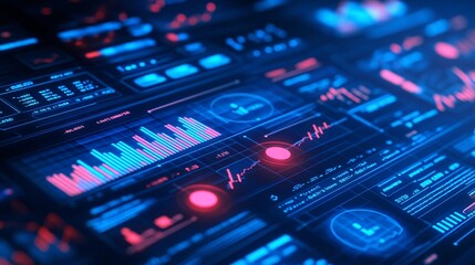 Obraz premium Futuristic Digital Analytics Dashboard Showing Awareness Metrics on Blue and Red Background