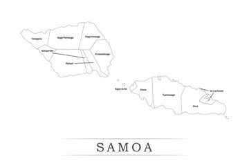 Administrative regions of Samoa. Province, state, division name with white map with black outline. Vector illustration