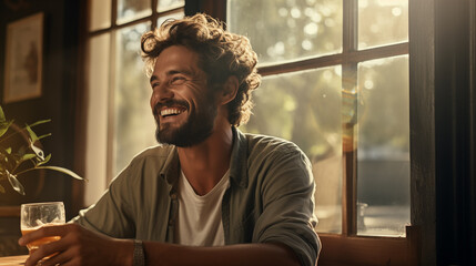 Bearded man smiling while holding a drink in cozy cafe with sunlight through window.