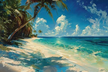 Fototapeta premium Lush palm trees lean over a white sand beach and turquoise ocean waves under a bright blue sky with fluffy clouds in a vibrant painting.