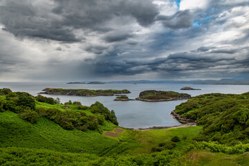 Atlantic Coast With Islands And Beach At Loch Clash Near Kinlochbervie In Scotland, UK