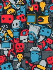 Obraz premium A colorful pattern of various cartoonish electronic devices and gadgets.