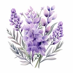 Delicate watercolor flowers and leaves in shades of purple and green.