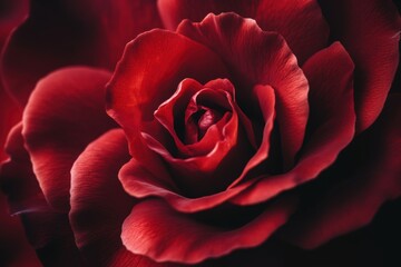 An up-close shot of a blooming red rose with intricate petal details