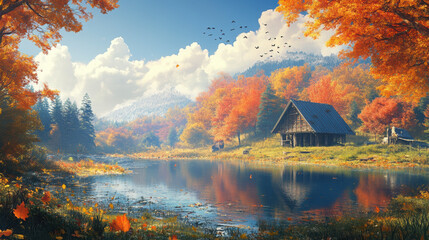 Fototapeta premium Anime Illustration of a Tranquil Autumn Lakeside Scene with a Cabin and Colorful Foliage