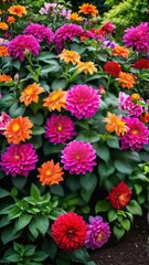 Blooming flowers in a garden, with beautiful colors of pink, red, orange, yellow, and purple.