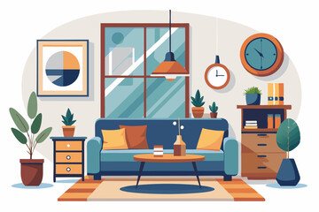 Fototapeta premium Modern Living Room Interior with Blue Sofa and Decorative Elements