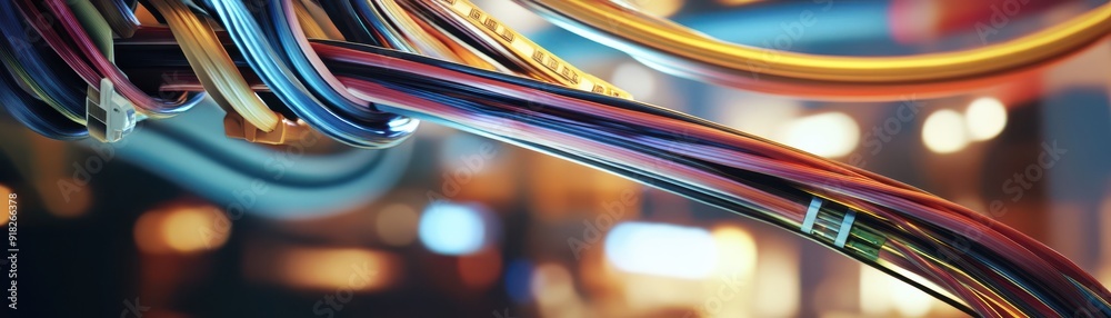 Poster Conceptual 3D scene of analog telephone cables merging with modern digital lines, symbolizing the transition from old to new technology, set in a historical urban setting