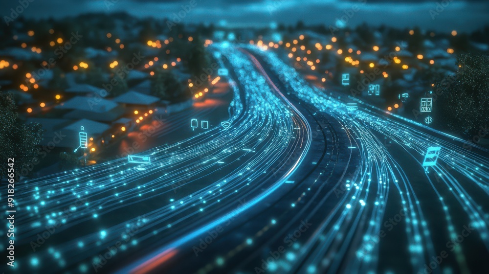 Poster Dynamic 3D scene of telephone cables intertwined with data streams, represented by light trails and digital symbols, connecting urban and rural landscapes 