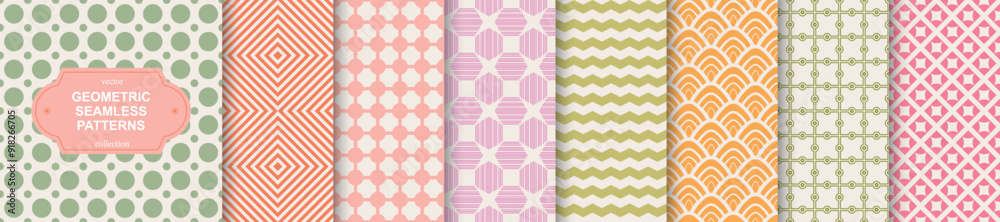 Poster collection of bright color seamless geometric patterns. delicate stylish decorative backgrounds. cut