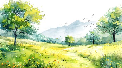 Beautiful watercolor landscape featuring lush green fields, trees, and distant mountains under a bright, clear sky with birds.