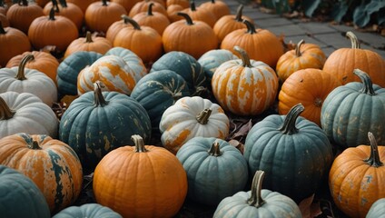 pumpkins and leaves, background of pumpkins, harvest before Halloween