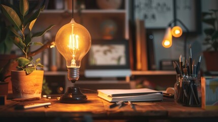 A designer's desk with a glowing light bulb and art supplies.