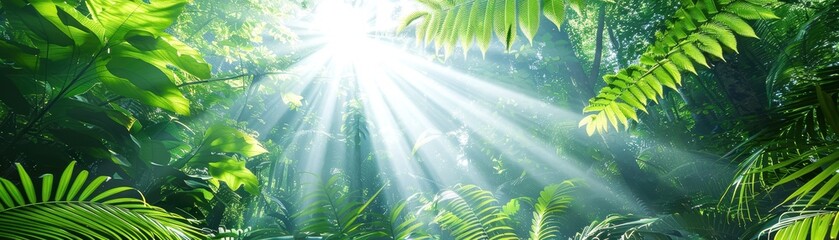 Obraz premium Sunlight streams through lush green tropical rainforest foliage, illuminating the dense vegetation and vibrant leaves.