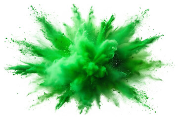 bright green paint color powder festival explosion burst isolated on white and transparent background