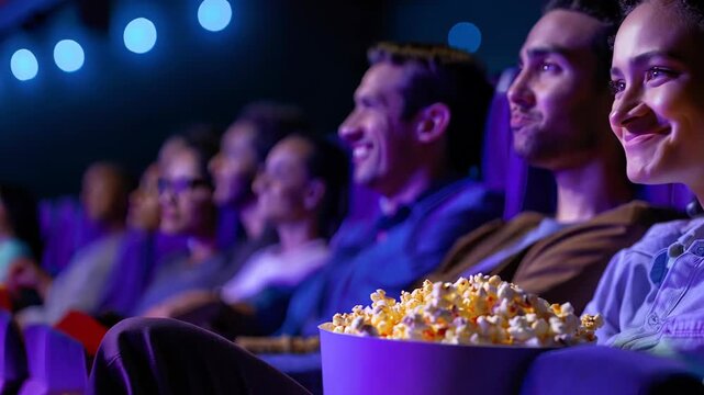 people sitting in a cinema enjoying a movie with popcorn.
Concept: Pastime and entertainment, cultural event, communication and relaxation.