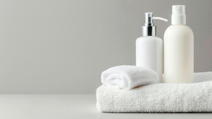 Spa Products with White Towel on Neutral Background