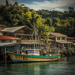 A fishing boat docked at a quaint coastal village