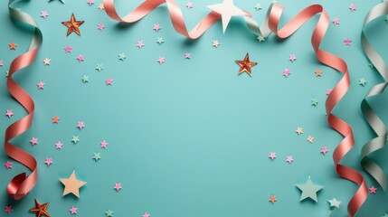 Fototapeta premium Festive USA Themed Party Decorations with Ribbons and Stars on Light Blue Background