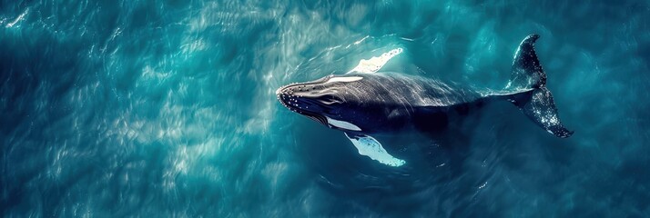 Fototapeta premium A majestic whale swims gracefully in deep blue ocean waters, surrounded by underwater light reflections. A beautiful wildlife moment captured.