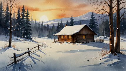 Watercolor Painting: Chilly and Cozy minimalist painting capturing the essence of a frosty winter scene. Celebrate the warm and comforting ambiance with a portrayal of a snowy landscape