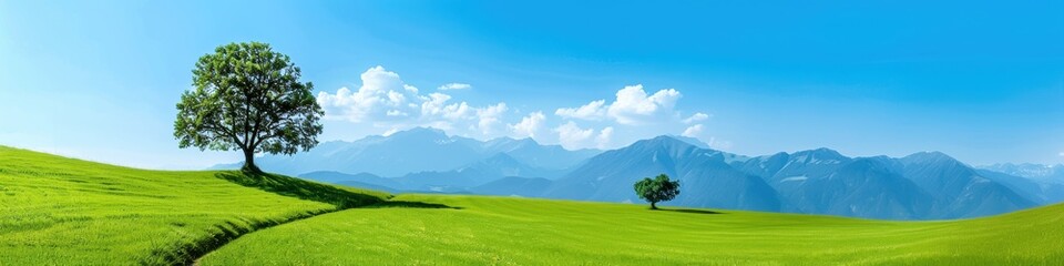 Obraz premium Panoramic view of lush green landscape with a solitary tree, clear blue sky, and distant mountains on a sunny day.