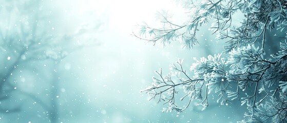 Serene winter scene with frosty trees and snowfall, evoking a peaceful and tranquil atmosphere in a cold, snowy landscape.