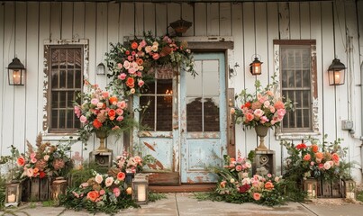 Fototapeta premium vintage doorways creating a charming rustic wedding backdrop, adorned with floral arrangements and lanterns