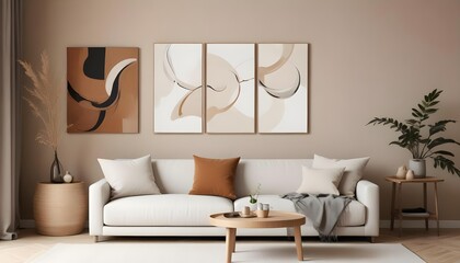 Fototapeta premium A minimalist living room with a beige sofa, wooden coffee table, and three abstract canvas paintings on the wall.