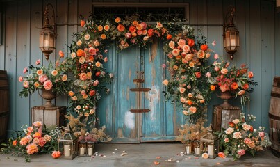 Fototapeta premium vintage doorways creating a charming rustic wedding backdrop, adorned with floral arrangements and lanterns
