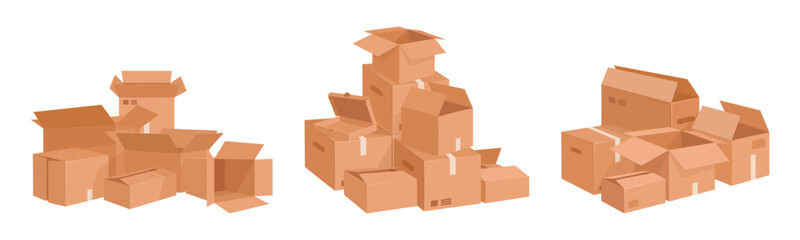 Hand drawn cardboard boxes. Stacked boxes piles, cargo warehouse box stack, delivery or moving containers flat vector illustration set. Cartoon boxes collection