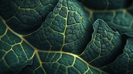 Obraz premium Close-up Macro Photograph of Dark Green Leaf Veins and Texture