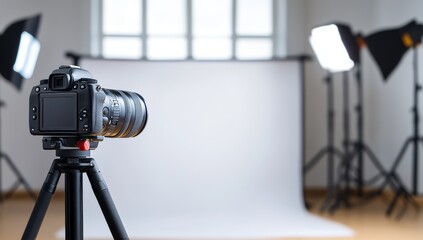A professional studio setup for product photography with lighting equipment and cameras