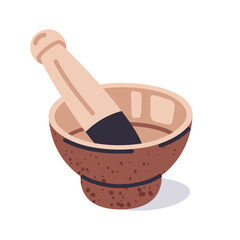 Wooden mortar. Household kitchen utensils, hand drawn mortar and pestle isolated flat vector illustration. Wood texture mortar on white