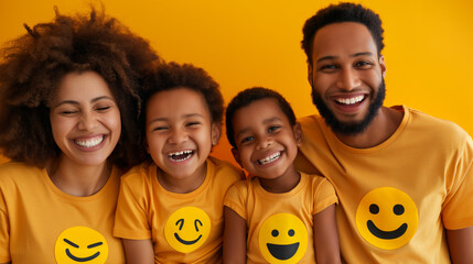 Happy family wearing emoji shirts against yellow background